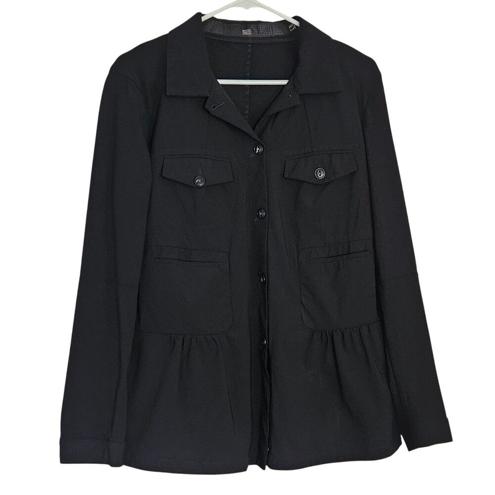 Marithe Francois Girbaud Black Button Front Blouse Pockets Gathering Sz 8 EUC